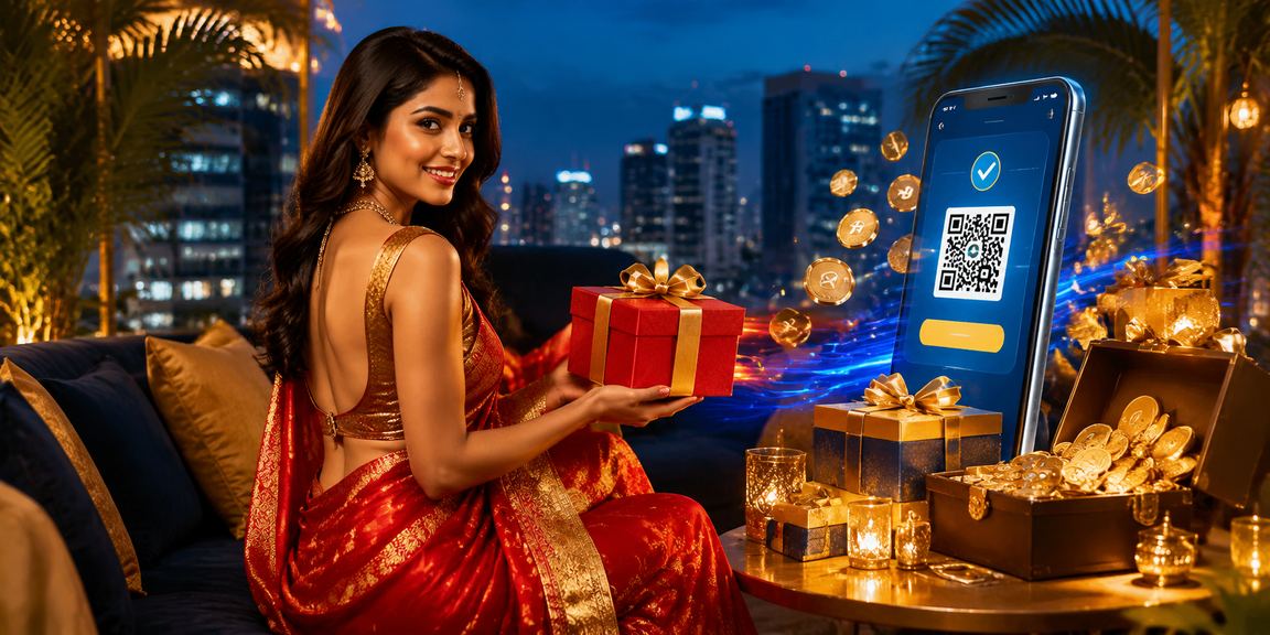 Indian woman using mobile payment app in traditional saree